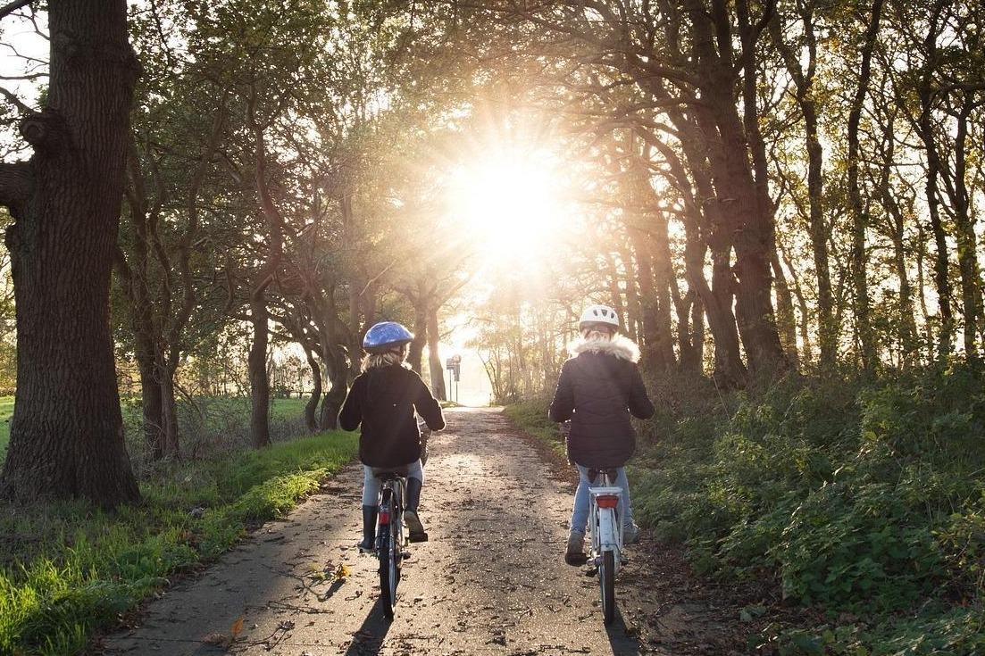 Children riding bikes down on dirt road
